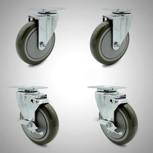 5 Inch SS Gray Polyurethane Swivel Top Plate Caster Set with 2 Brakes SCC